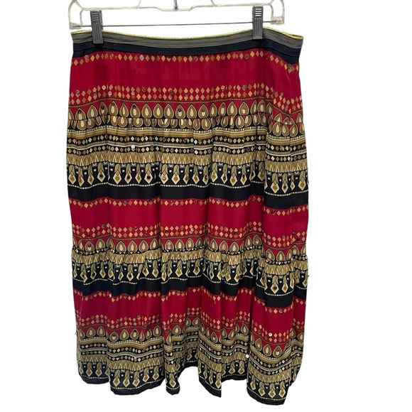 Patchington India style boho tiered skirt red gold women’s size 10 sequins - Picture 2 of 8